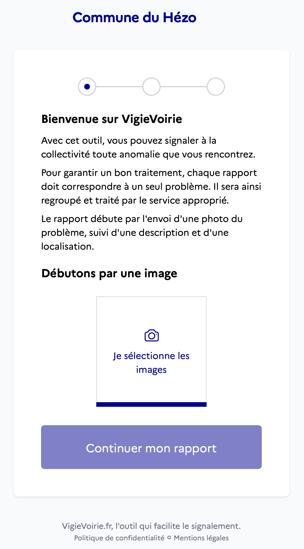 Screenshot of the self-reporting interface of the VigieVoirie citizen app, showing a new report template